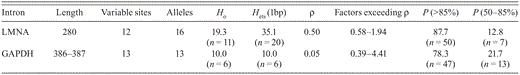 Sequence length, number of variable sites, number of reconstructed alleles, proportion of homozygous individuals (Ho, %), proportion of individuals heterozygous at one site (Hets, %), background recombination rate (ρ), factors exceeding the ρ estimated in PHASE, and the probabilities of reconstructed haplotypes for nuclear introns LMNA and GAPDH sequenced from Common Eiders (Somateria mollissima).