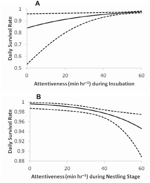 Predicted daily survival rate in relation to nest attentiveness with 95% confidence intervals, based on parameter estimates from model “Α0 + attentiveness” for both the (A) incubation and (B) nestling stages from video observations at Black-capped Vireo nests in Burnet, Coryell, Kerr, Travis, Val Verde, and Williamson counties, Texas, 2009–2010.