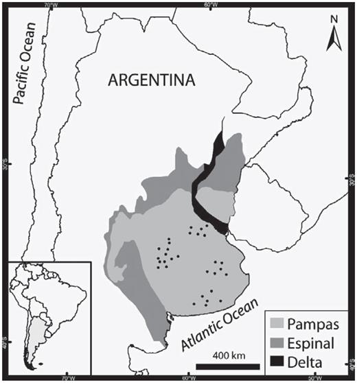 Location of the 30 survey transects in the Pampas of central Argentina.