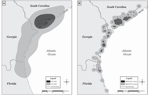 Extent of (A) 50% and 95% fixed-kernel density estimates (KDE) of home ranges and (B) 50% and 95% Brownian bridge movement models (BBMM) for Turkey Vulture #54 equipped with a GPS satellite transmitter at Marine Corps Air Station Beaufort, South Carolina, 2006–2008.