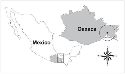 Study site and radius used to delimit the distribution of insects used in this study in Oaxaca; square shows the Isthmus of Tehuantepec.