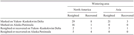 Number of Dunlins marked at staging sites in western Alaska and resighted or recovered in their winter range in North America and Asia, and of those marked in the winter range and recovered or resighted at our Alaskan study sites, 1977–2010.
