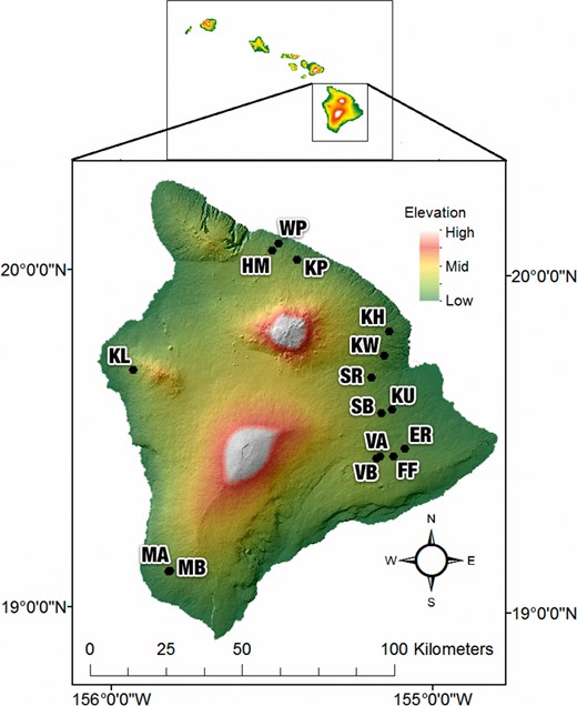 Fifteen sites on the island of Hawaii, USA, used to examine the effects of invasive coqui frogs on native and nonnative bird abundances. Site abbreviations are as follows: ER = Eden Roc, FF = Fern Forest, HM = Hamakua Forest Reserve, KH = Kaupukuea Homestead, KL = Kaloko, KP = Kalopa State Park, KU = Kulani, KW = Kaiwiki, MA = Manuka Natural Area Reserve A, MB = Manuka Natural Area Reserve B, SB = Stainback, SR = Saddle Road, VA = Volcano A, VB = Volcano B, and WP = Waipio.