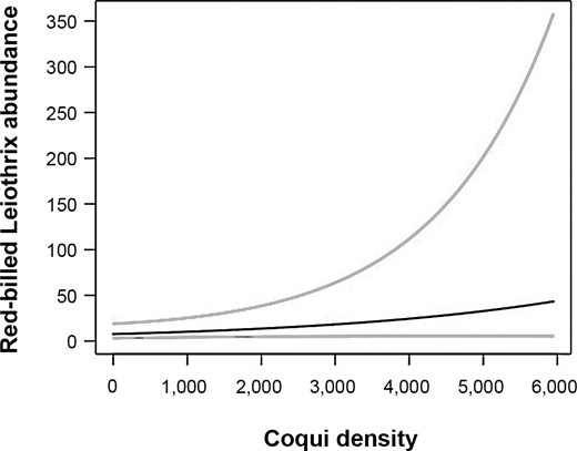 Estimated relationship between Red-billed Leiothrix abundance and coqui frog density (thick black line) in surveyed plots on the island of Hawaii, USA, based on the most supported model (Table 3), while holding percent canopy cover and understory density at their mean values. Pale gray lines denote the 95% confidence interval.