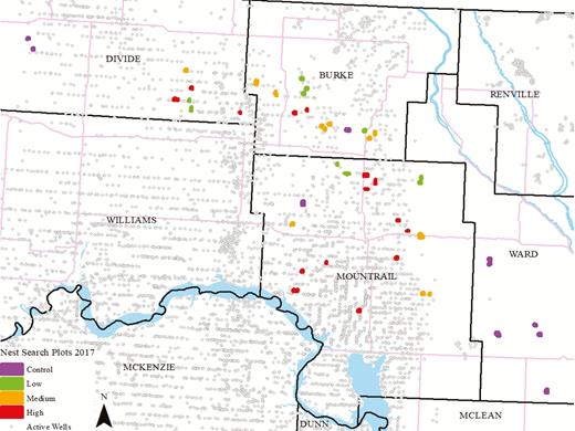 Study sites (enlarged for visibility) where duck nests were monitored in northwestern North Dakota, USA, in 2017. Intensity categories were calculated based on the number of well pads within 10.36 km2 of the majority of wetland basins at the site (control = 0; low = 1; medium = 2–3; high > 3). Study sites were similar each year. However, minor changes in replicate locations were the result of landowner access changes.