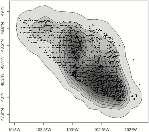 Isopleths from a kernel density estimate (reference bandwidth) of active wells (black dots) where duck nests were monitored in northwestern North Dakota, USA, in 2017. Each duck nest was associated with the minimum isopleth (maximum development intensity) as a spatially continuous metric of landscape-level oil and gas development. Isopleths were developed for each of the study years.