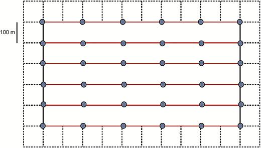 Design of line transects and point count distribution for bird surveys on benchmarking plots. Depicted is a typical 500 m (north–south) by 1,000 m (east–west) gridded plot. Each of 6 line transects 1 km in length (red lines) are walked and surveyed following the line-transect survey protocol. Along those line transects, observers stop every 200 m (gray circles) and conduct an 8-min point count following the point count survey protocol. When birds detected up to 100 m away from the plot are included in surveys, the total area sampled is 84 ha (dashed lines around periphery of core 50-ha plot). When effective detection distances exceed 100 m, the sampled plot size increases accordingly.