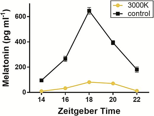 Melatonin concentration (pg mL−1) measured during the dark phase at Zeitgeber times 14 (2000 hours), 16 (2200 hours), 18 (0000 hours), 20 (0200 hours), and 22 (0400 hours) in both control (~0 lux, darkness; n = 24) and 3000 K ALAN exposed (n = 24) birds post-exposure/captivity.
