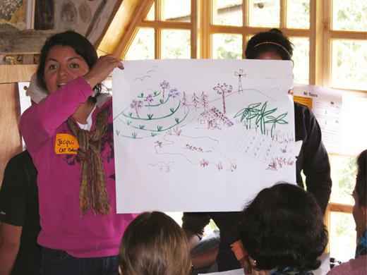 In an idea-mapping activity in August 2014 from the research application, participatory workshop with stakeholder groups in Alta Verapaz, Guatemala, a Chamelco college student explains her biodiversity-friendly agroecosystem design with terracing, shade coffee, milpa polycultures, and fruit trees. Photo by Gemara Gifford.