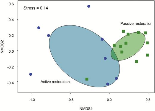 Non-metric multidimensional scaling (NMDS) on the similarity (given by the Bray–Curtis index) of bird communities sampled in actively (i.e. sites planted with a high diversity of native trees; 5–60 yr old; 8.3–305.0 ha; blue circles) and passively restored areas (i.e. sites regenerating naturally mostly from 1960 onwards; 1.3–170.0 ha; green squares) in semi-deciduous Atlantic forest in southeast Brazil. Birds were censused with 10 min point counts (1–10 points per area depending on the size of the area) during the 2015 breeding season (September–December). Ellipses represent the 95% confidence space for the 2 area categories. (Source: C. O. A. Gussoni and M. A. Pizo personal communication).