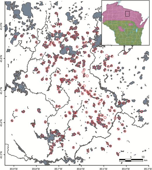 Study area in northern Wisconsin, showing its location in the state (inset) relative to the breeding range of Common Loons (purple). Circles indicate loon territories.
