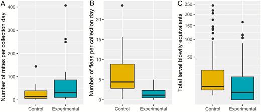 Effect of nest material replacements for Purple Martin (Progne subis) nestlings in western New York State on parasite abundance of (A) mites, (B) fleas, and (C) blowfly larvae in 3 breeding seasons (2016–2018). Lower and upper hinges on boxes represent the 25th and 75th percentile of data, respectively, with bold horizontal line showing the median value. Lower and upper whiskers show the lowest and highest values (excluding outliers), respectively, with upper outliers (values more than 1.5 times the interquartile range) shown as black points. Note the square root transformation on the y-axis in (C).