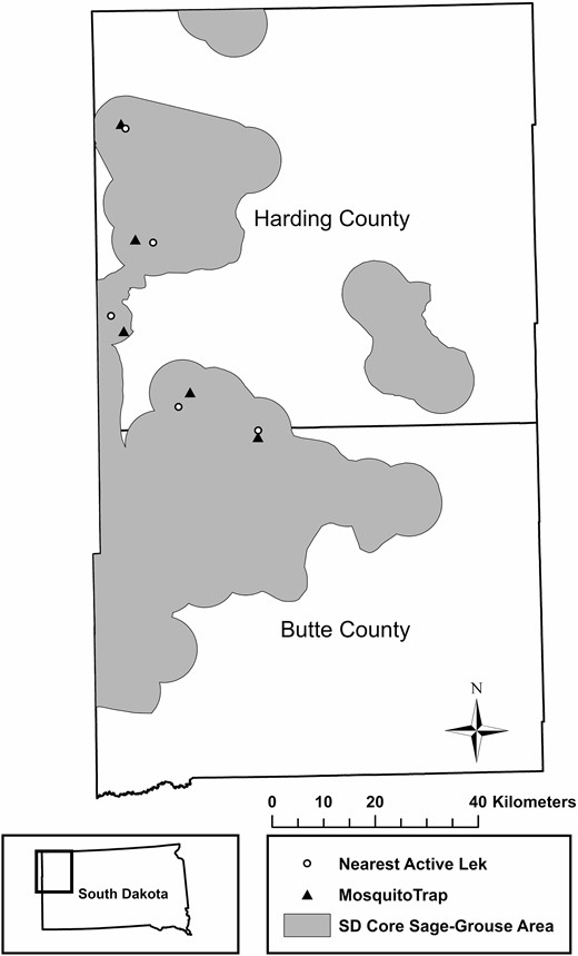CO2-baited mosquito trap locations and nearest active sage-grouse lek to each mosquito trap. Distance from trap to nearest active lek ranged from 1.3 to 3.8 km.