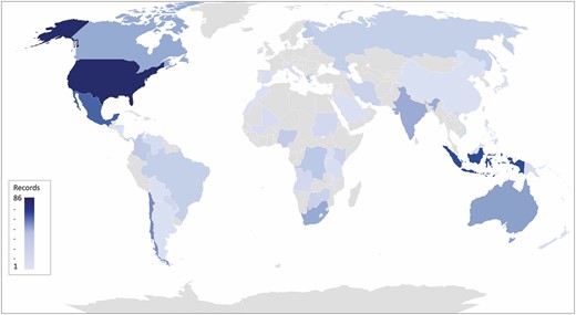 World map showing relative distribution of sources in our sample.