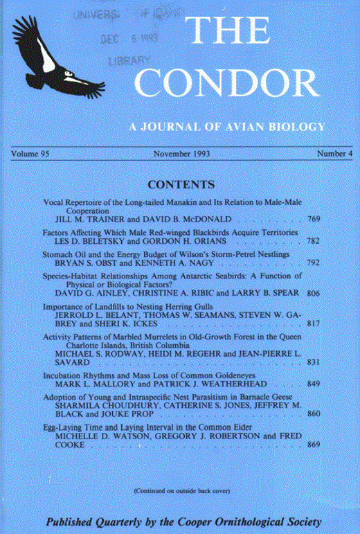 The Condor: Ornithological Applications Cover Image for Volume 95, Issue 4