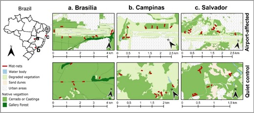 Location of study sites in Brazil, including airport-affected and quiet control sites for each studied region.