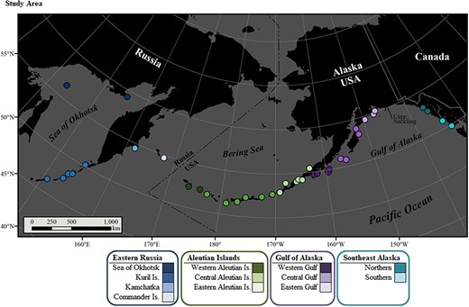 Steller sea lion natal rookeries (dots) sampled in this study. Pups from four regions were included: eastern Russia (blues), Aleutian Islands (greens), Gulf of Alaska (purples), and Southeast Alaska (aquas). The 12 subpopulations represented are color coded in different shades of the regional color. Within the USA, the designation at Cape Suckling separates the western and eastern Distinct Population Segments at 144° longitude.