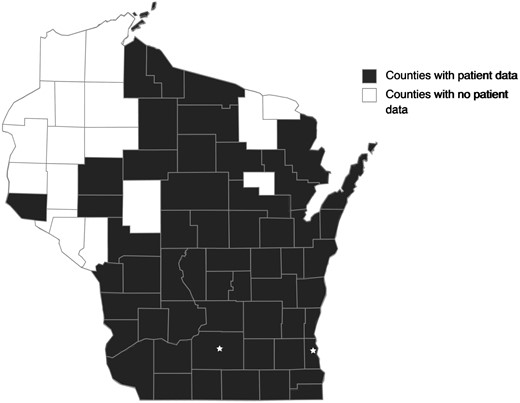 Wisconsin county map. Participants reside in the shaded counties.