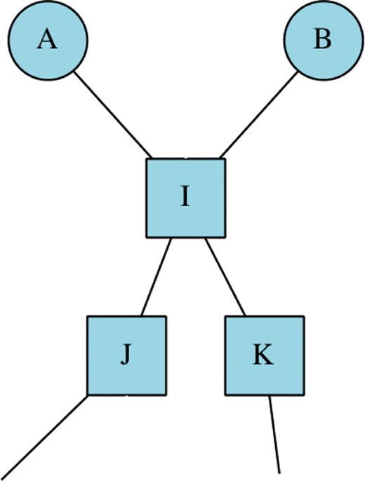 An attack on a target “I”, passing through “J” and “K”, but where “A” and “B” rely on "I" for their own functions.