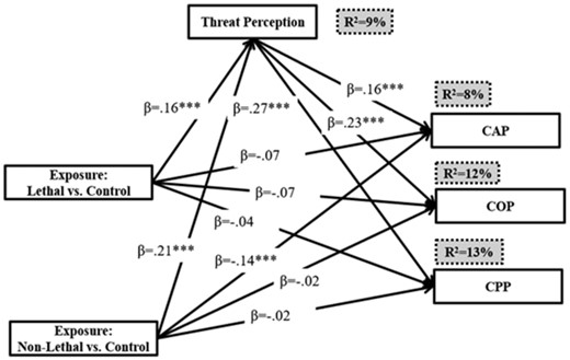 Empirical model results—direct effects of exposure to lethal and nonlethal attack groups vs control group. *P < 0.05, **P < 0.01, ***P < 0.001.