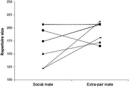 Pairwise comparison (n =  8) of repertoire sizes of social (n =  6) versus extrapair mates (n =  6) within single broods. Shown are repertoire sizes of single males (two social mates shared paternity with two different extrapair mates, and two extrapair mates fathered EPY in different nests, i.e., these males entered twice). In six cases (out of eight) extrapair mates had larger repertoires. See text for statistics.