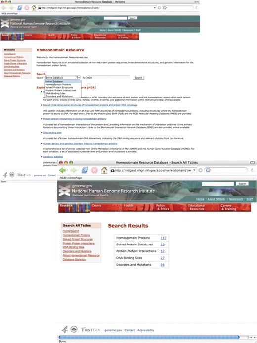 The Homeodomain Resource provides a simple search query interface, allowing the user to either query part or all of the Resource (top). Selecting ‘Entire Database’ from the pull-down menu returns a summary screen, indicating how many entries of each type were identified (bottom). Clicking on any of the hyperlinked numbers in the table takes the user directly to that set of results. In addition, overall navigation within the site has been improved with the addition of sidebar tools and links to complete datasets in each homeodomain category.