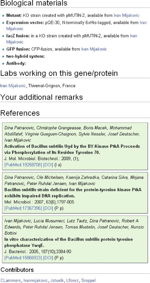 Information on the research on the gene/protein. The first section of this part gives information on biological materials such as mutants, reporter fusions, expression systems or antibodies. The second section shows the labs that study the gene/protein, and there is a section for additional remarks that do not seem to be appropriate at any other position of the wiki. The last section covers the references. At the very bottom of each page, the contributors to this page are shown. These entries are generated automatically.