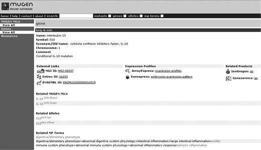Sample screen shot of MMdb ‘IL-10’ gene with the direct trial links, under the gene information, to Invitrogen and Geneservice through the gene ID.
