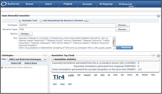 OBA gene mention annotation statistics. In BioPortal Release 2.1, the NCBO Open Biomedical Annotator web service provides visually appealing annotation tag clouds and annotation statistics for plain text submissions processed using the MGI mouse and human gene dictionary (JAXMGD) and a semantic type developed for this dictionary (T998). This screen shot shows the annotation results for the title and abstract of a Journal of Immunology article. The annotation tag cloud correctly identifies Tlr4 and Ly96 as the most prominent genes with the highest relevance scores (scores appear when you mouse over the gene name) discussed in the article. Relevance scores are calculated based on the sum of weights given to each annotation based on the annotation context.
