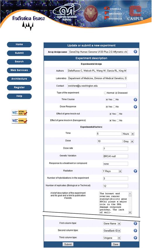 Screenshot of the submission form prepared according to a simplified and modified MIAME protocol. Notice that dose, dose rate and quality of radiation have been added to the experimental factors to be specified.