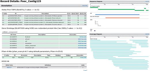 Dr. Zompo: extract from the detailed view of an exemplary contig. Large body of functional annotation (SwissProt, GeneOntology, Pfam, KEGG) plus visual representation of assembled reads and sequence properties (ORF, domains, polymorphisms).