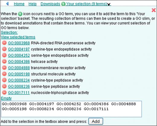 Case 4. ‘Your selection’ basket. Terms can be collected, whilst browsing, by clicking on the green ‘add’ button. The selected terms and their relationship to each other can be displayed as a chart by clicking the ‘View selected terms’ link.