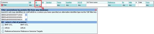 Filtering by protein/gene identifier. This filter is used to find annotations to a list of genes or proteins; several sequence identifier types can be searched in QuickGO.