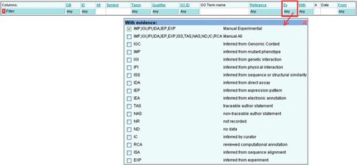 Filtering by Evidence Code. This filter is used to find annotations made using selected evidence codes, for example the electronic annotations (IEA code) could be filtered out.
