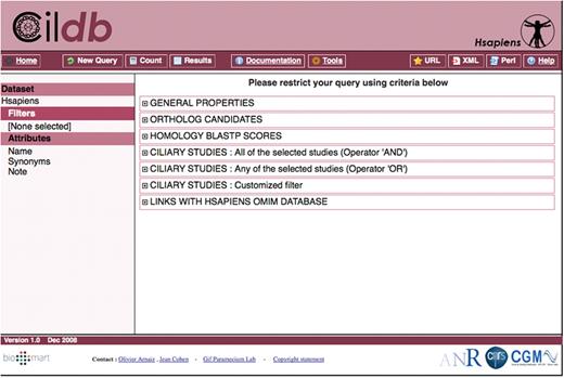 Screenshot of a typical query page of Cildb, here using the Homo sapiens whole proteome as a dataset and displaying the categories of filters that can be used for the query.