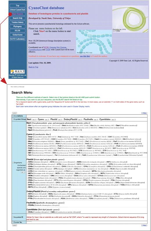 Screen shots showing the top page and Basic Search page. The Basic Search page opens upon following the link in the top page, as indicated by an arrow. The ‘Basic Search’ page accepts a search query consisting of an individual gene name or annotations, gene conservation in specified organism groups or species, or just the cluster ID. By submitting a query, a cluster ID table is displayed under the name ‘Search Result’.