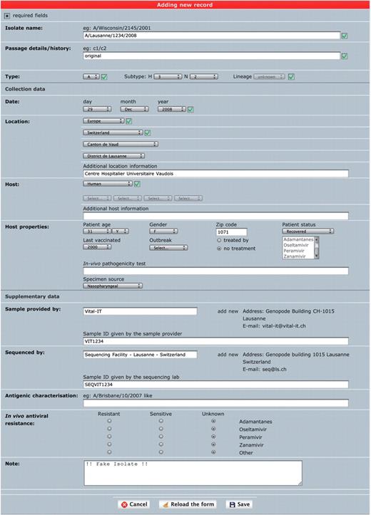 ‘Single isolate upload’ interface. The web form is split into three parts. The top one contains fields to specify isolate name, isolate type and passage history. The syntax of the isolate name is verified against sample collection year and standard influenza nomenclature (except for laboratory-derived strains). The middle part contains sample data including host and sample collection date and geographical location. The bottom part contains additional data including sample provider laboratory, sequencer laboratory, in vivo tested antiviral resistance and user note.