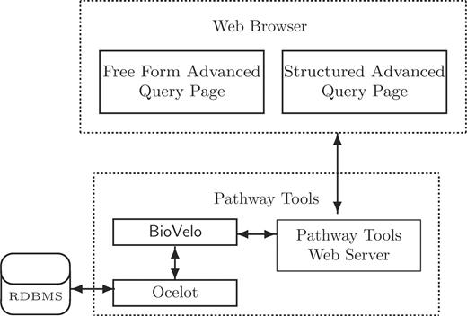 Two web page interfaces for constructing BioVelo queries interact with the Pathway Tools web server that communicates with a BioVelo query processor. Ocelot is an object-oriented DB system that can use a relational DB back end. The FFAQP and the SAQP are accessible at the web site BioCyc.org/query.shtml.
