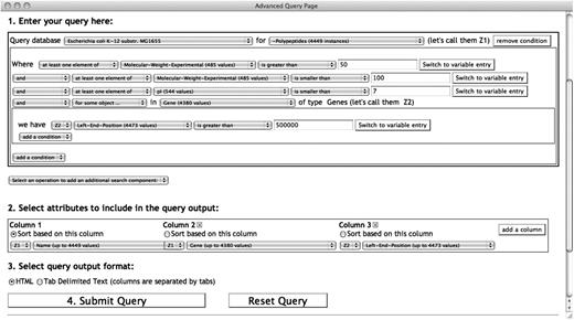 A SAQP query searching for EcoCyc (Escherichia coli) polypeptides constrained by experimentally determined molecular weight, isoelectric point and their genes. A three-column output table is specified containing the polypeptide name, gene name producing this polypeptide and the left-end-position of the gene on the genome. The atomic condition with a quantifier ‘for some object…’ retrieves only the polypeptides that are produced by genes located after the first 500 kb of the genome. Notice the use of two variables Z1 and Z2 in the query and in the output specification. The Z2 variable comes from the quantifier applied to the genes, whereas the Z1 variable comes from the search component main search objects, the polypeptides.