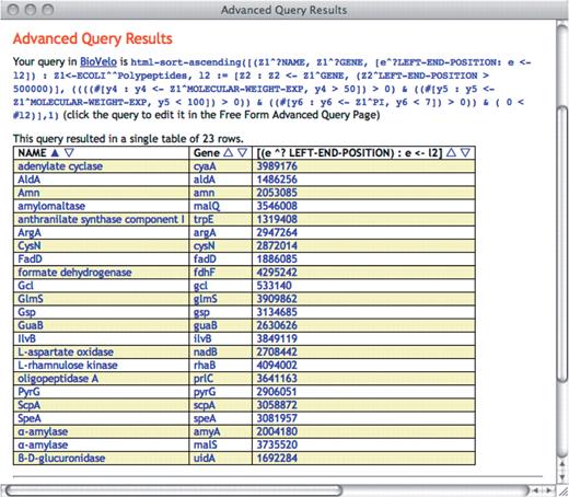 The output result of the query in Figure 2. The BioVelo query generated from the user selection of Figure 2 is also shown near the top of the page.
