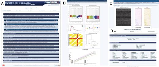Web interface. (A) Experiments can be grouped by type, laboratory affiliation, project, organism or array design. For each category, experiment name and description are presented. Clicking on one experiment name reveals quality control plots (B) and the list of related hybridizations. (C) For each hybridization, quality control plots are provided. (D) Experiments can be downloaded in three forms: normalized data with probe annotation, raw data and Bioconductor expressionSet object.