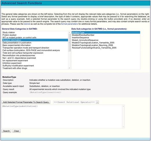 Screenshot of GATMD advanced search functions. The general data categories of GATMD are shown on the left (see also Table 1). Selecting from this list will display the relevant data sub-categories (i.e. formal parameters) on the right. Selecting any formal parameter displays a brief description, the type of data it contains, appropriate values that may be passed to it for searching the database, as well as a query example. Advanced queries must conform to the guidelines outlined in text and described in greater detail in the online tutorial.