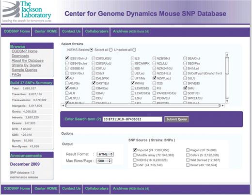 A screen capture of the CGDSNP interface search input form.
