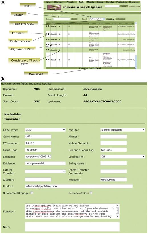 Interplay between the ortholog and genomes editors in SKB (a) and the interface for curation of the Shewanella orthologous table (b). The interface provides access to different types of product annotations, to sequence alignments and to results of the automatic checking of the consistency on protein length and protein families across products of the orthologous group.
