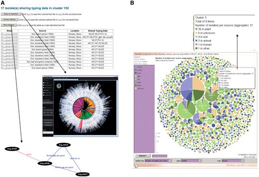 Exploration of superclusters of genetically closely related B. cereus group isolates in HyperCAT. (A) Tabular view of the superclusters. Each cluster is reported in a table, listing detailed information about the isolates and the genotying profiles shared. In addition, pressing one of the three buttons above the table allows to view the phylogenetic positions of the isolates in the multi-datatype supertree using Archaeopteryx, to extract from the supertree the subtree containing only the isolates forming the supercluster, or to display a network graph showing the specific typing data shared between the isolates of the supercluster. In the latter network, isolates having identical MLST and/or AFLP profiles are connected by blue and red lines, respectively. Every isolate in the supercluster shares a profile with at least one other isolate. The network can be browsed interactively using the ZGRViewer. (B) Graphical overview of all the superclusters resulting from typing information from five MLST schemes and three AFLP studies. Superclusters were built using a recursive approach, grouping strains that shared identical sequences at all loci of at least one of the MLST schemes and/or have identical AFLP profiles. The complete distribution consists of 283 groups totaling 1152 isolates, and 991 singletons. The set of superclusters and singletons can be navigated using an interactive bubble chart generated by means of the IBM/alphaWorks ‘many eyes’ system. Each supercluster is represented by a pie proportional to the number of isolates in the supercluster and the pie is divided according to the species or sources of the isolates included in the supercluster. Selecting or mousing over a supercluster brings up a window giving information about its content (shown in the inset indicated by an arrow).