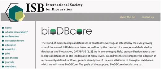 A screenshot of the BioDBCore discussion page on the ISB web site (http://biocurator.org/biodbcore.shtml).
