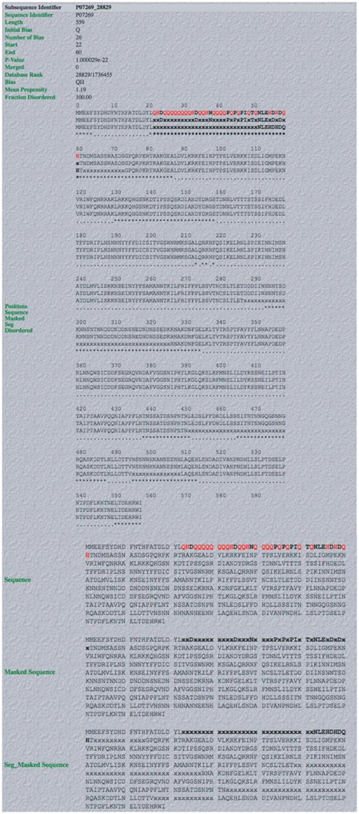 Screenshot of example of output from database. An example of a complete LPS-annotate Database entry (as described in the main text, and in the downloadable Database Help page). This is for the QH region from PHO2 of budding yeast.