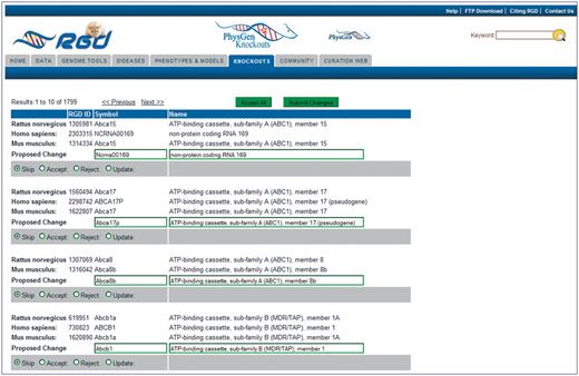 Editing page of the Gene Nomenclature Tool. All ortholog groups are listed in matched sets to simplify comparison of the rat nomenclature to the mouse and human nomenclature. The proposed change/editing text boxes and action selection radio buttons are at the bottom of every ortholog group. An ‘Accept All’ button is located at the top and bottom of every editing page so that all proposed changes on the page can be approved at once if the curator decides they are acceptable. ‘Submit Changes’ buttons are located next to the ‘Accept All’ buttons to send the changes to the database.