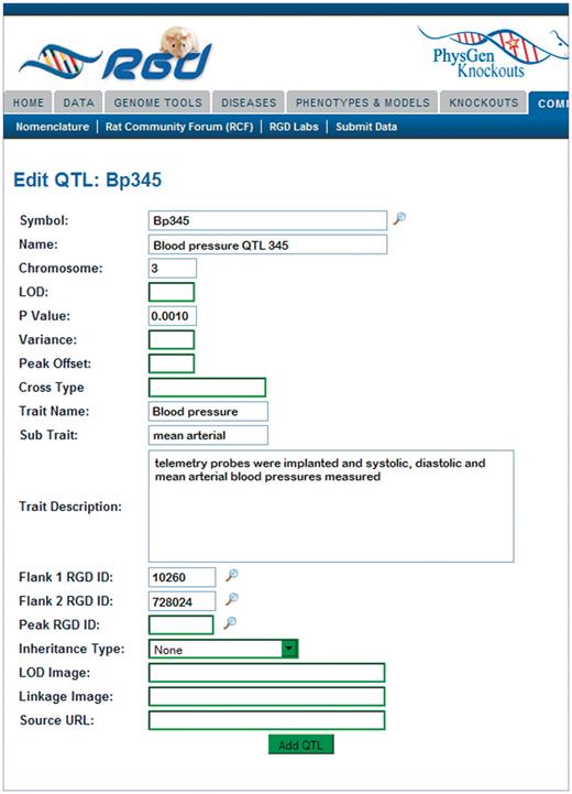The Object Creation and Editing Tool: QTL entry page. The QTL entry page consists of many text boxes specific for the different types of information collected by the curator to describe a QTL. Clicking the search icon to the side of the symbol box generates a pop-up window where current QTL symbols may be searched.
