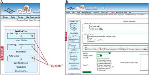 (A) The Ontology Annotation Creation and Editing Tool homepage has ‘buckets’ for holding selected items. Each bucket (core objects, ontology terms and references) has its own search function, which appears in the right frame of the page when ‘Select Objects’, ‘Select Terms’ or ‘Select References’ is clicked. (B) Annotation frame. All the items from the buckets are repeated in the annotation frame to allow them to be selected for annotations. More information choices are available below the bucket items as drop-down text boxes for qualifier terms and evidence codes, radio buttons for ontology aspect and text boxes for free text information.